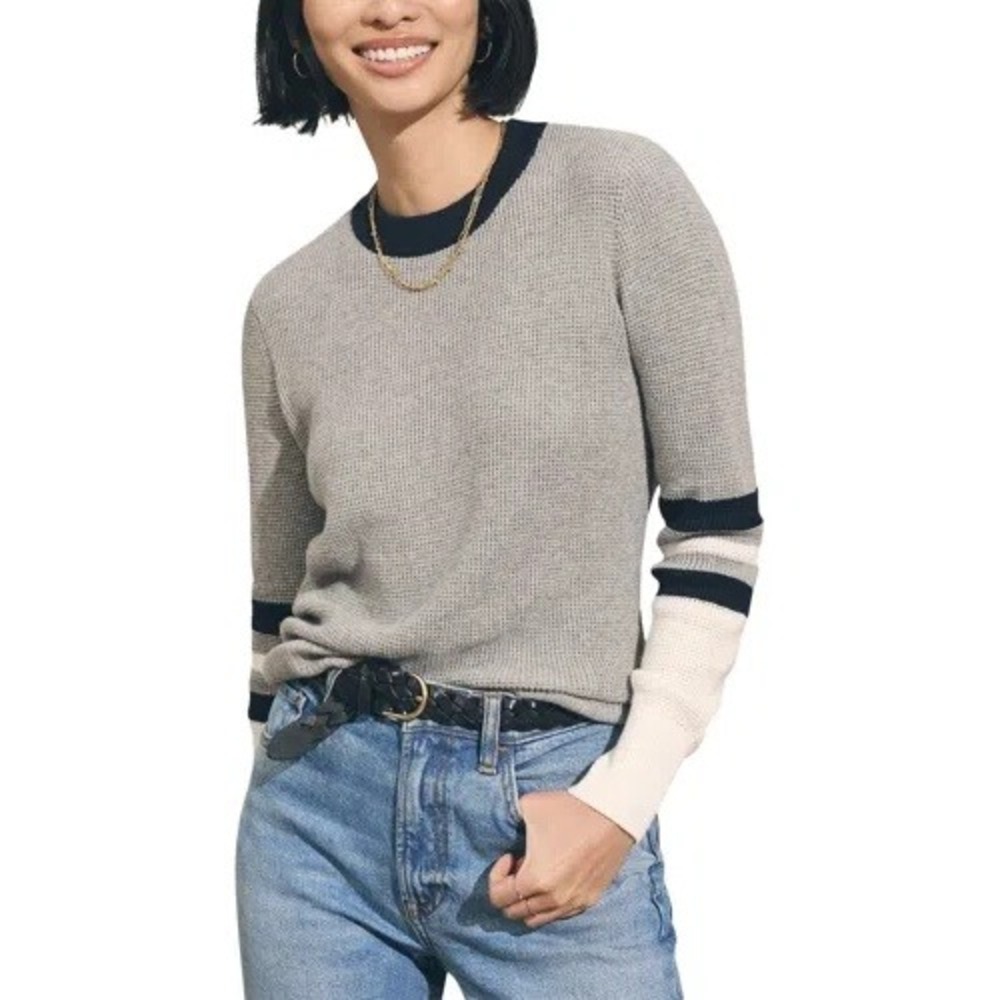 Faherty Women's M Throwback Sweater Gray Navy Varsity Preppy Sporty Tomboy - Picture 7 of 7